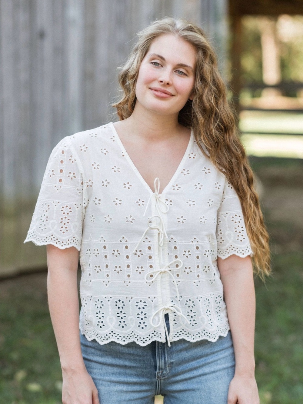 Neuflora Miriam Eyelet Tie-Front White Cotton Top Size Medium